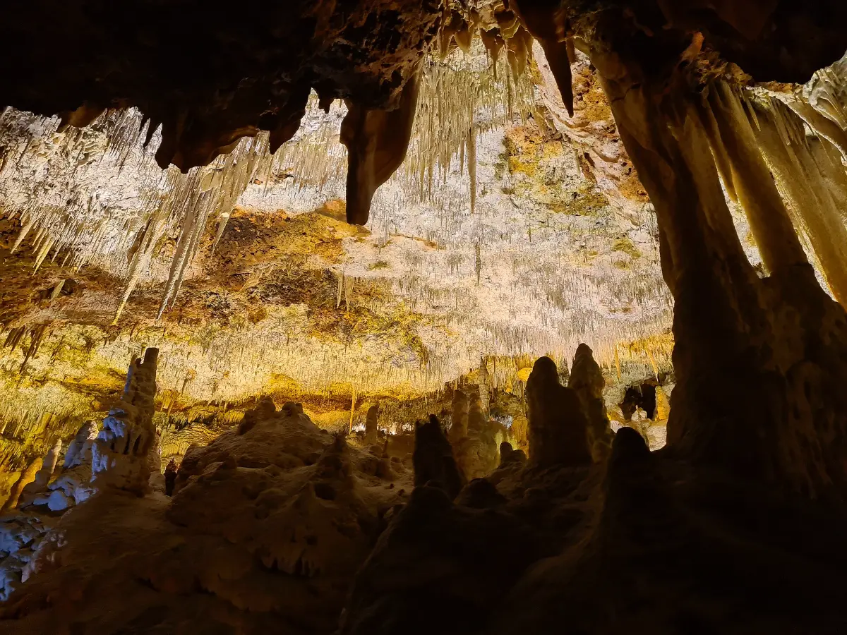 Opplyst sal med stalaktitter og stalagmitter i Hamsgrottene