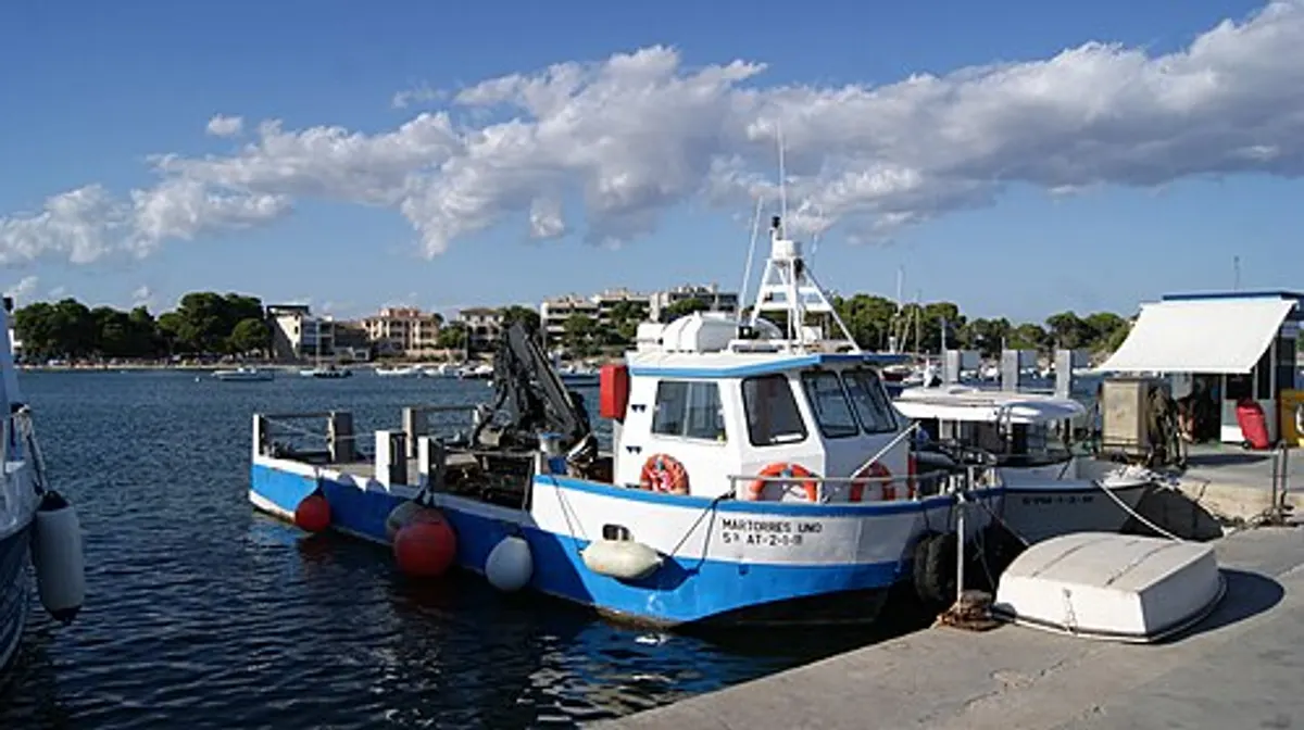 Utfluktsbåt ved kaia i havna i Colònia de Sant Jordi